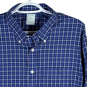 Brooks Brothers Slim Fit Button Down Shirt Mens XL Blue Plaid Non-Iron Stretch
